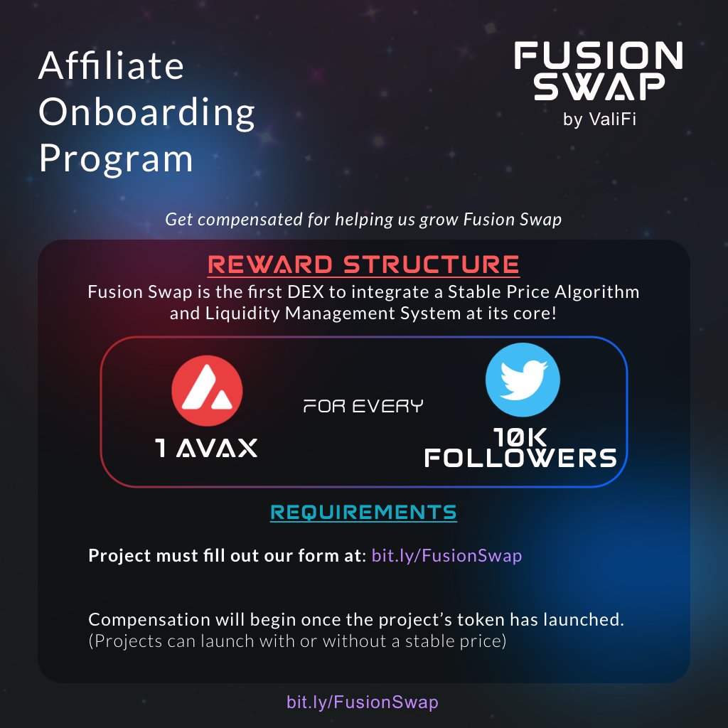 ValifiApp's tweet image. 🔴ValiFi Affiliate Onboarding Program🔴

Grow Fusion Swap and get rewarded!

Project onboarding form:
bit.ly/FusionSwap

Want to earn $200?👇

✅Like &amp;amp; RT
✅Tag a project you would like to trade on Fusion Swap

#InFusionWeTrust #FusionOrNothing $VALI