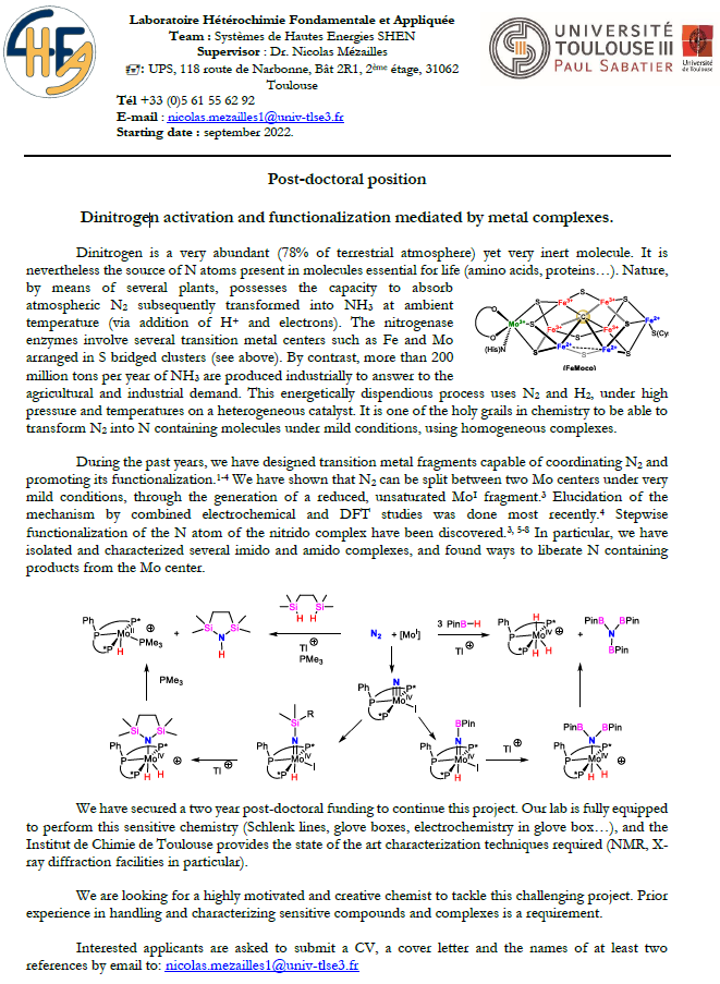 A post-doctoral position is available in our team on dinitrogen activation !