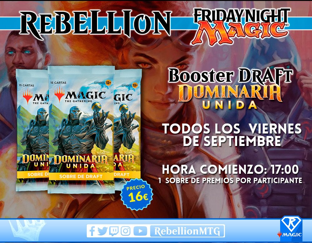 RebellionMTG's tweet photo. Hoy es viernes ¡y el cuerpo lo sabe!
Vente a jugar con nosotros el que vuelve a ser "El Draft de los viernes" ¡Hoy toca abrir sobrecitos de Dominaria!
#fnm #draftrebelde #mtgdominariaunited https://t.co/2HAzjT7pce