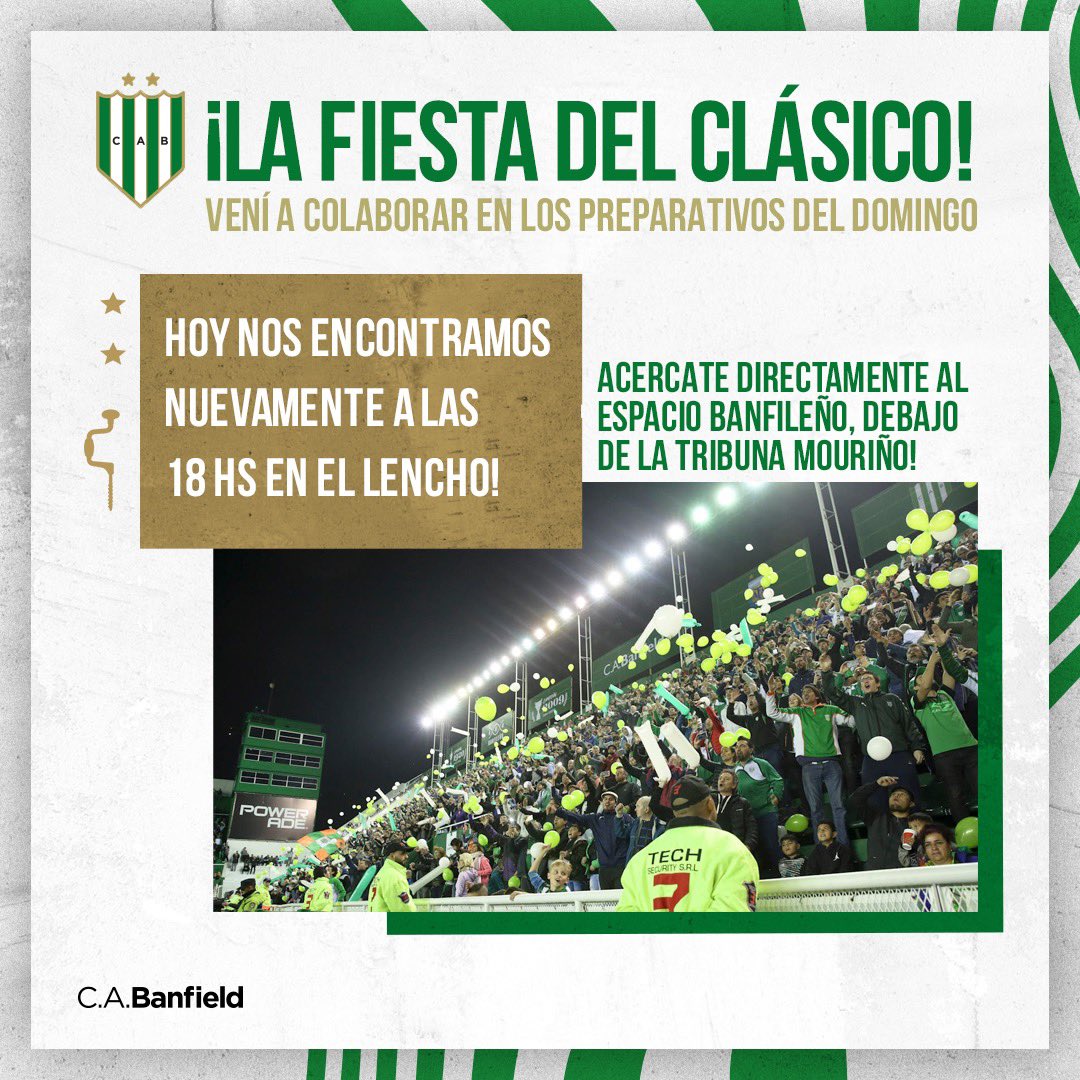 ¡Hoy nos encontramos nuevamente en el Lencho! 🇳🇬

Podés acercarte a las 18 hs en el Espacio Banfileño, para colaborar en los preparativos de la fiesta del clásico 💚