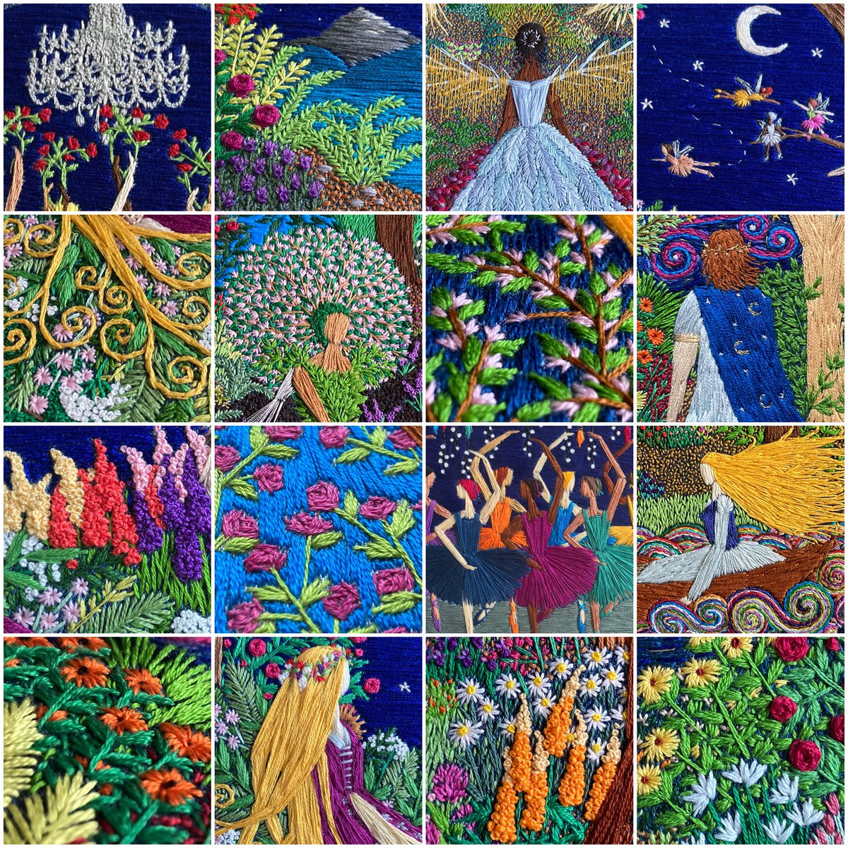 It’s a collage day for you today, small snippets taken from some of my embroideries. Hope it brightens your Twitter feed… 🧵🌿🌺 #stitchedart #embroidery #handstitched #thesewingsongbird