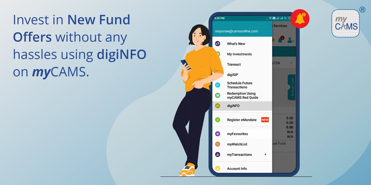 Camsonline's tweet photo. Want to expand your #MFportfolio and diversify it to include fresher starts? Make purchases in new schemes offered by CAMS serviced funds instantly by using the digiNFO feature on the updated myCAMS app. Download the easy-to-use app now:https://t.co/Cvm8duDCLm https://t.co/F4uomLpB59