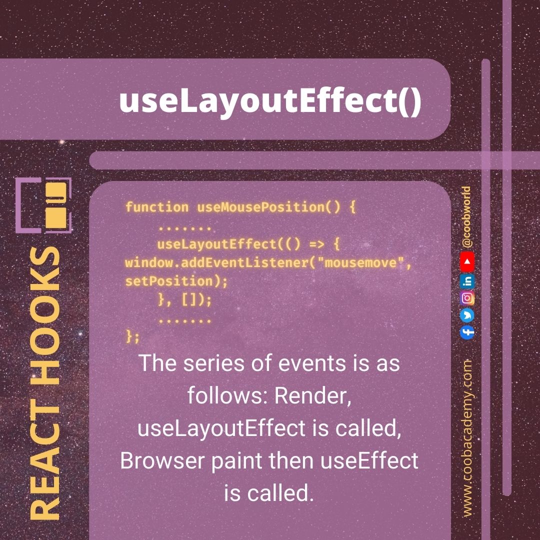 COOBworld's tweet photo. React Hooks | useLayoutEffect()

Read the full article on:
https://t.co/NlOf82IBvg

#javascript #ReactJS #angularjs #VueJS #canvasapi #stylesheet #programming #LearnProgramming #coding #development #backend #frontenddevelopment #webdeveloper #webdevelopment #100DaysOfCode https://t.co/Q2PxYPCddW