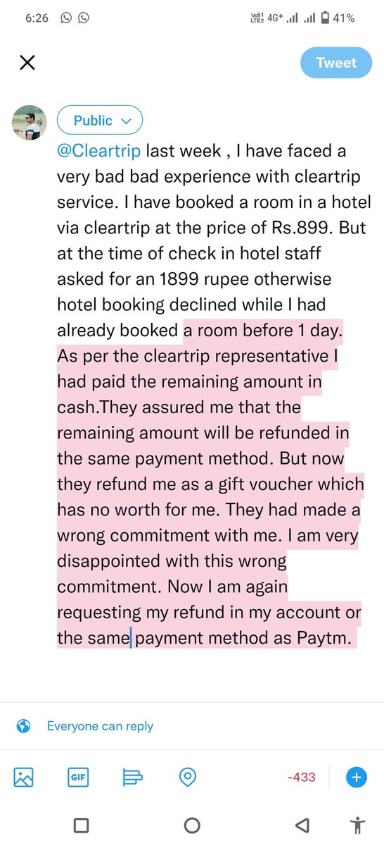 anantkumar19900's tweet photo. @Cleartrip last week , I have faced a very bad bad experience with cleartrip service. I have booked a room in a hotel via cleartrip at the price of Rs.899. But at the time of check in hotel staff asked for an 1899 rupee otherwise hotel booking declined.please refer screenshot: https://t.co/QWauQTxBcc