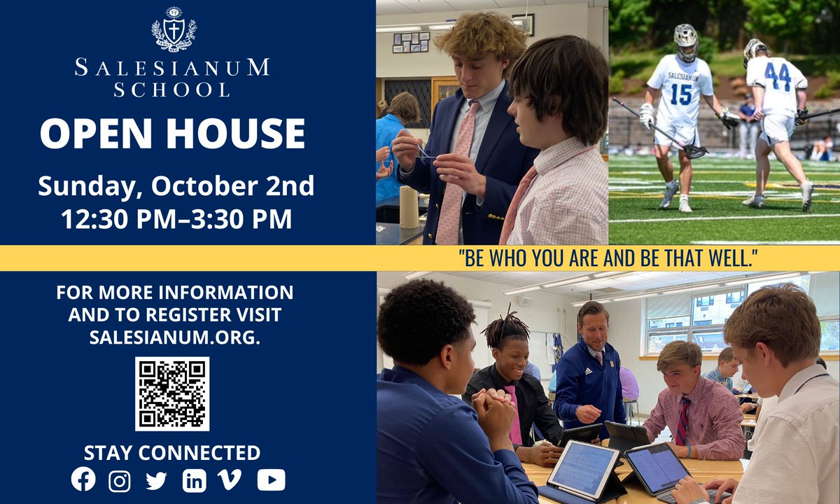 Salesianum's tweet photo. Join us for Salesianum School's Open House on Sunday, October 2nd, from 12:30-3:30 PM! All families of students in grades 6-8 are welcome to join us for guided tours &amp; learn about our academics, arts, athletics, service &amp; more. Register by September 30th: https://t.co/EXxI4jclzw. https://t.co/6SXVYqRmzy
