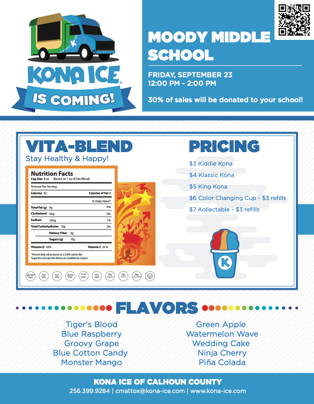 Next week will be a busy week for Moody Middle School! We will have our Book Fair all week - including Parent Night on Tuesday. Additionally, we will have Picture Day and Kona Ice on Friday.
