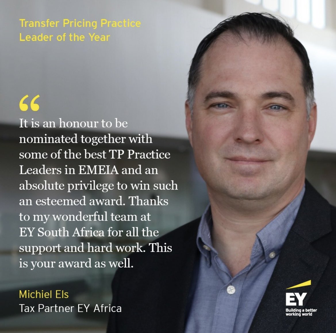 MichielEls's tweet photo. EY Africa has today been announced as the Africa TP Firm of the Year at the ITR Awards. EY SA and Nigeria each earned their countries the Transfer Pricing Firm of the Year award at this event, I won the EMEIA TP Leader of the Year award. Read more: https://t.co/edVGipaA7y https://t.co/f0U22QXASG