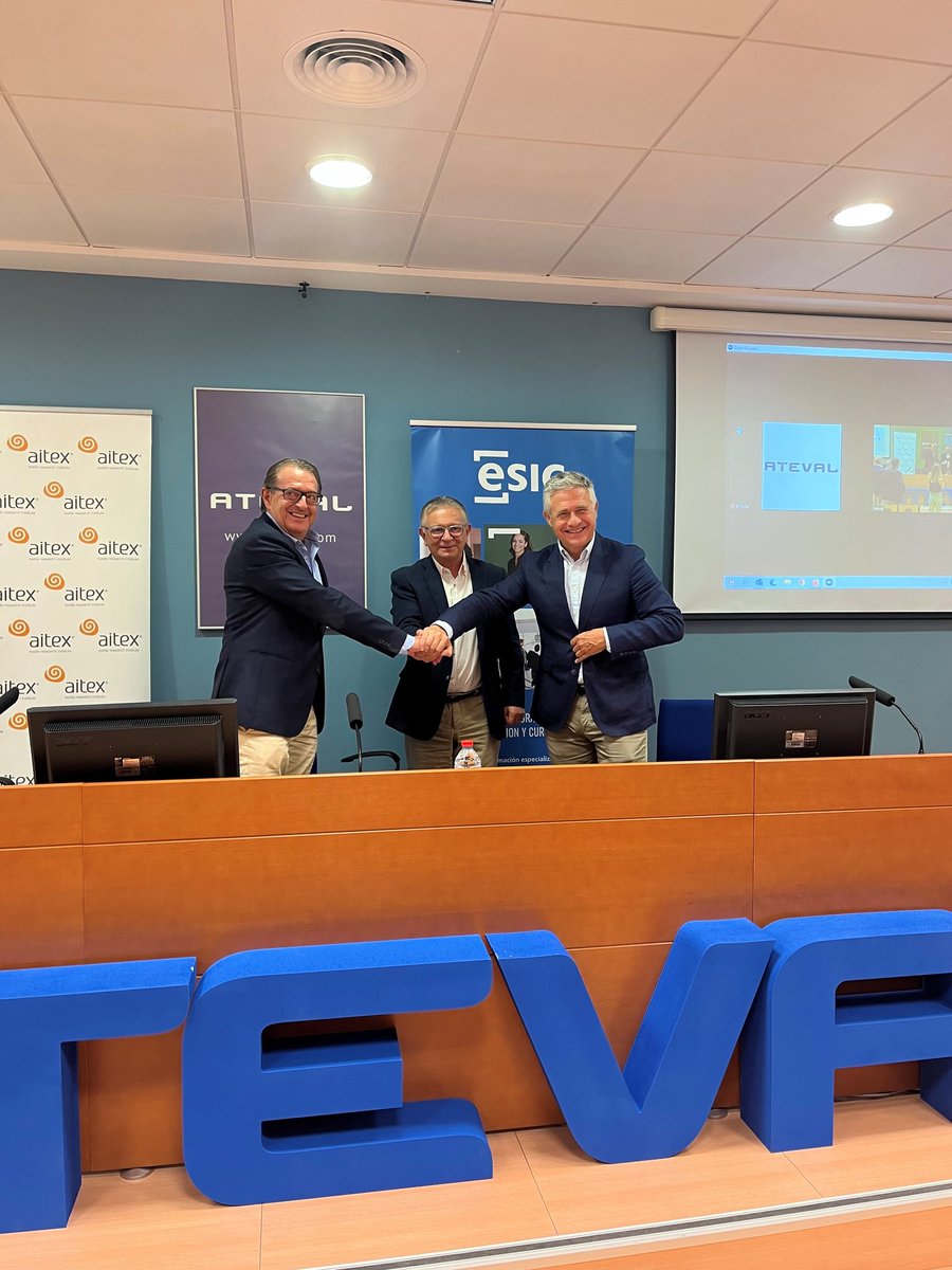 aitex_es's tweet photo. Acuerdo entre @atevaltextil, AITEX y @ESICEducation.

Los asociados a #ATEVAL tendrán un descuento en los postgrados que #ESIC impartirá en AITEX. 

A la firma han acudido Pepe Serna, Presidente de ATEVAL, Vicente Blanes, Director General de AITEX y José María García, de ESIC. https://t.co/V5Ci9r0bJh