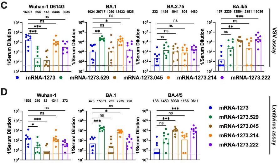 COVID-19: How well do the updated Moderna bivalent vaccines work? A new pre-print is out showing the immunogenicity of the updated Moderna bivalent vaccines against various combinations of COVID-19 variants using mice ( biorxiv.org/content/10.110… ). Read on to find out. 🧵1/