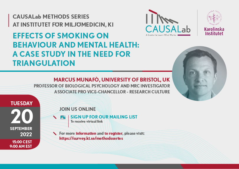 CAUSALab's tweet photo. The @CAUSALab Methods Series starts next week! Tues Sep 20 at 15.00 CEST/9:00am EST.

@MarcusMunafo will give a talk titled “Effects of smoking on behavior and mental health: a case study in the need for triangulation”

Register for Zoom link below:  https://t.co/UOhSvJqsru https://t.co/hFfws5gJ4N