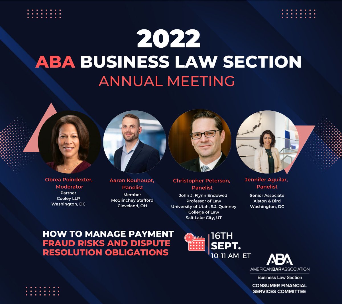 ABABusLaw_CFSC's tweet photo. Join us as we discuss dispute resolution obligations for various parties within payment systems, from traditional depository financial institutions, to P2P payment providers, to other fintechs.

#ABA #CFSC #BLSAnnual2022 #americanbar https://t.co/8FZo84Vwe9