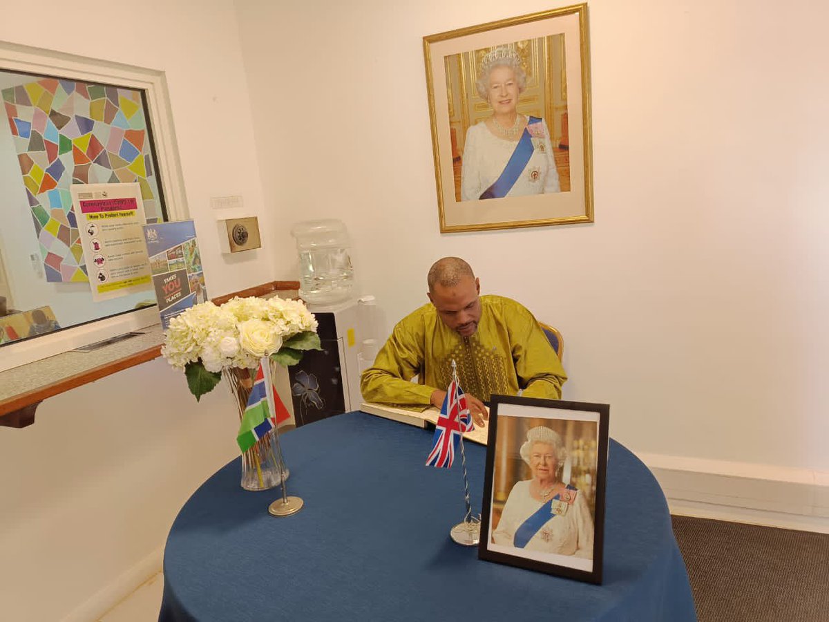 BrusubiRotary's tweet photo. 16/09/2022 On the Occasion of the passing of HM Queen Elizabeth II, current Rotary Club Presidents, Assistant Governors &amp; Ms Henriette Sonko Honorary Rotarian &amp; Consul of The Netherlands to The Gambia  visit the British Commission to sign the Sign the Book of Condolences. https://t.co/OZR4xhy4ZK
