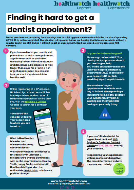 Simran Kaur (@hwll_simran) on Twitter photo Need help in getting a dentist appointment? 🦷
Have look at the poster created by <a href="/HealthwatchLeic/">Healthwatch Leicester and Leicestershire</a> ⬇️ Need help in getting a dentist appointment? 🦷
Have look at the poster created by <a href="/HealthwatchLeic/">Healthwatch Leicester and Leicestershire</a> ⬇️