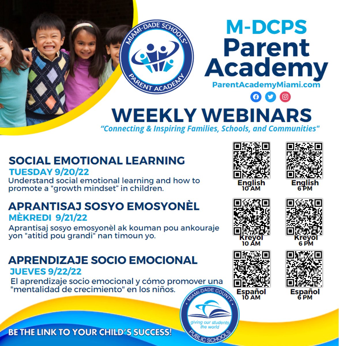ParentAcadMiami's tweet photo. @MDCPS families, hundreds of families have already participated at our #WeeklyWebinars. Next week we will discuss social-emotional learning and helping students develop a #GrowthMindset. Visit our website to register>https://t.co/NsUz0W4pf4
@SuptDotres @MDCPS_MHS https://t.co/3MWdAiQVd1