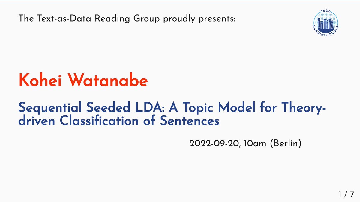 nicolaiberk's tweet image. ⏰New term, new season of the #PolSci #TextAsData Speaker Series!!

@koheiw7 will break the ice next Tuesday live from Tokyo, and tell us about the latest improvements in LDA models for sentence classification and how they might be applied in political science!