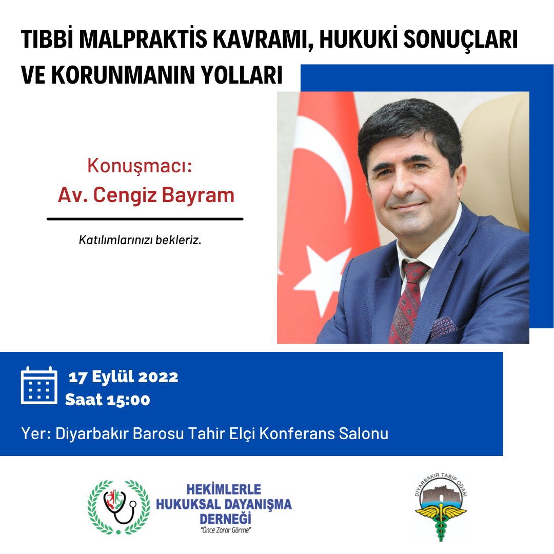 Diyarbakır Tabip Odası'nın destekleri ile yarın saat 15:00'da düzenlenecek olan "Tıbbi Malpraktis ve Malpraktisten Korunma Yolları" konulu program yapılacaktır. Diyarbakır Barosu Tahir Elçi Konferans Salonu'nda gerçekleşecek programa katılımlarınızı bekleriz.
 #Diyarbakır #hhdd