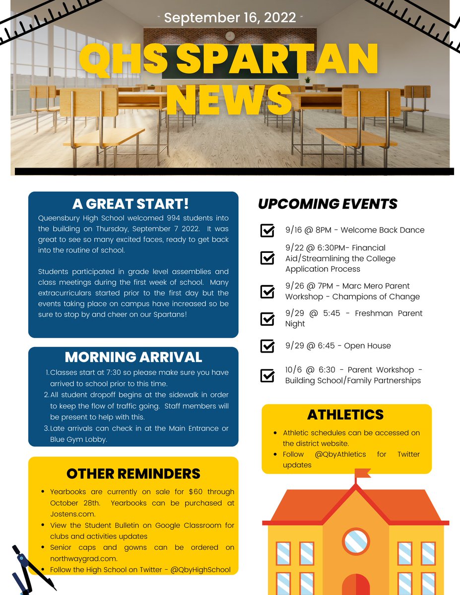 Please take a minute to view our first QHS Spartan News article!  We will update families periodically throughout the school year.   Have a great weekend!