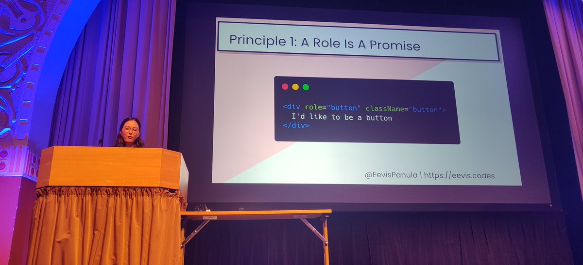 Hamatti's tweet photo. On the #ReactFinland's accessibility block, @EevisPanula is sharing great insights into ARIA and keyboars navigation. https://t.co/vZeDfbGO05