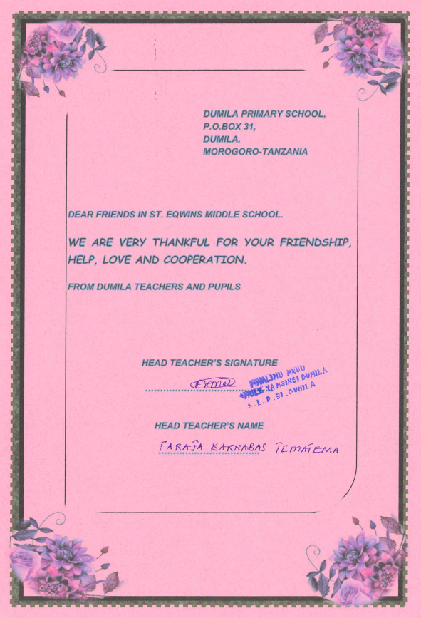 A thank you for your kind donation to Dumila Primary School in Tanzania. The school will use the money to support the learning of their pupils #Love