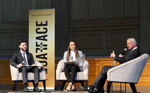 #WFU students and students from other area schools gathered in Wait Chapel for a Q&amp;A with Presidential historian and Pulitzer Prize-winning author Jon Meacham ahead of the <a href="/FacetoFaceWFU/">Face to Face Speaker Forum</a> discussion between Meacham and former President George W. Bush.  news.wfu.edu/2022/09/16/wfu…