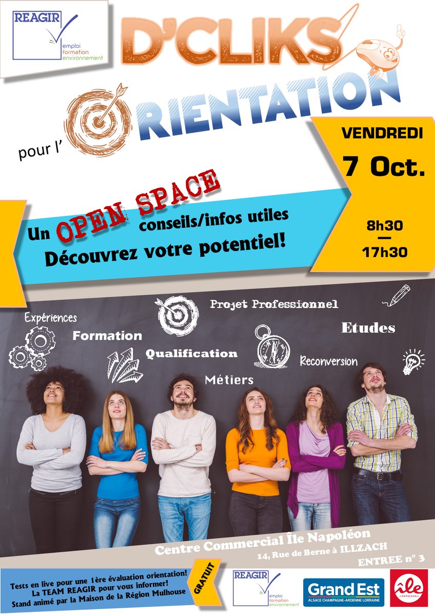 D'CLIKS pour l'ORIENTATION... Qui ne s'est jamais questionné un jour dans sa vie sur son orientation ou sa réorientation ou encore sa reconversion?...
Cette journée est ouverte à toutes et tous, salariés, collégiens, lycéens, étudiants, demandeurs d'emploi, et... c'est gratuit!