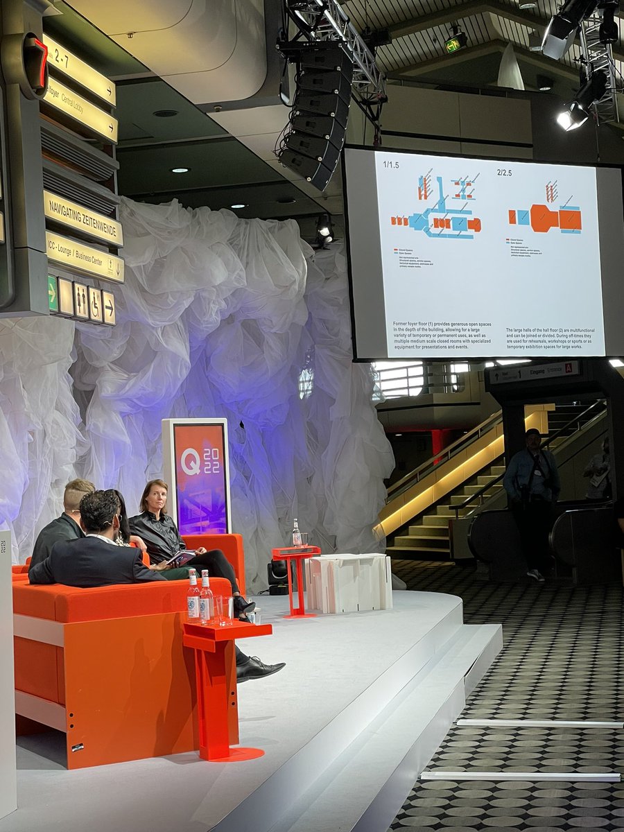 QBerlinQsts's tweet photo. „We have to think about different possibilities of usage - the perfect idea was "‘The sun machine is coming down’ because it showed how this could work. We have to rethink how we use the #ICCBerlin, says #ICCC initiative about their plans for the building. 
#qBerlin #qBerlin22 https://t.co/vTg5FTGOfk