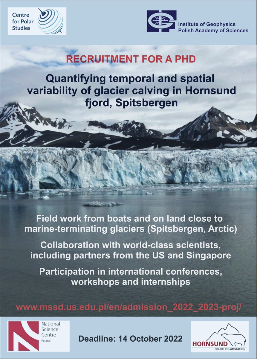 PhD opportunity - studying glacier calving in the Arctic using acoustics and other tools - deadline 14 October 2022

More details: lnkd.in/d2mAviSa

-> Schedule and procedures available in "more information" below the official announcement.