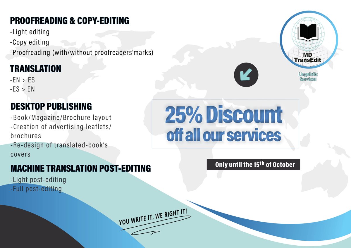 dieztranslate's tweet photo. What better way to start autumn than with a great #discount on language services!
Whether you need the #proofreading of a document (#manuscripts &amp; academia too), a #translation into Spanish, or the revision &amp; correction of a #machinetranslation, MD TransEdit is here for you. https://t.co/Otpd2bsqCv