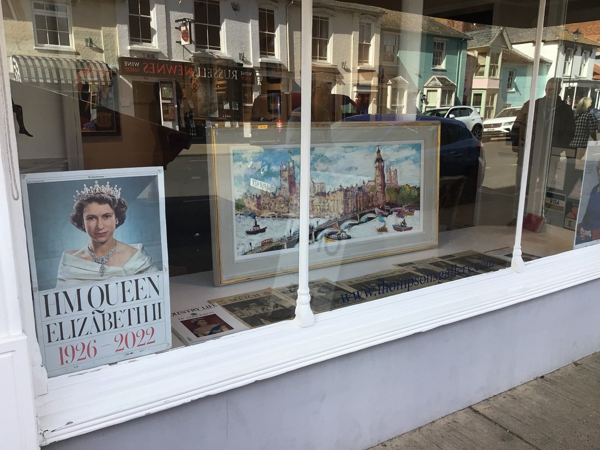 Our window in Aldeburgh, a tribute to Her Majesty Queen Elizabeth II.  Also a painting of Westminster Bridge, Big Ben with Westminster Cathedral in the background by Simeon Stafford.