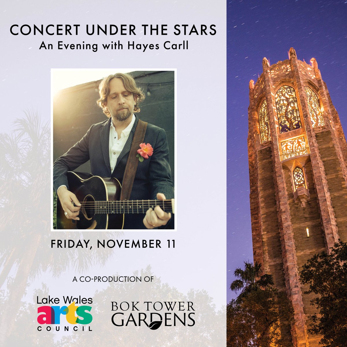 Tickets are on sale now for an evening with me and the band at Concert Under the Stars at Bok Tower Gardens in Lake Wales, FL. Hope to see you there. You can grab your tickets here: bit.ly/HayesCarllLake…