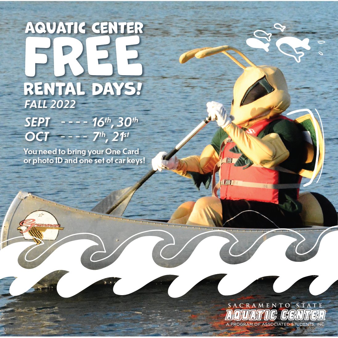 SacStateASI's tweet image. FREE RENTAL DAY at the @sacstateaquaticcenter TODAY!
⁠
Jump into the lake for FREE!🌞 Free rentals for kayaks, canoes,&amp;amp; stand-up paddle boards are available for all students! 
⁠
Where: 1901 Hazel Ave, Gold River, 95670⁠
When: 8:00am-6:00pm
Bring a photo ID and a set of keys!