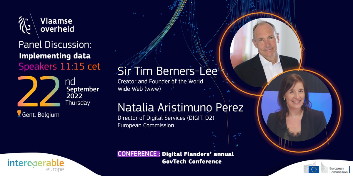 InteroperableEU's tweet image. Registrated👩💻 yet for @digi_vlaanderen's #Govtech Conference on 22/09? Our director @AristiNat will be in good company with WWW-inventor Sir @timberners_lee and others, discussing #DataImplementation!
Don't miss this special event! (online or in #Ghent)
👉europa.eu/!GJCptY