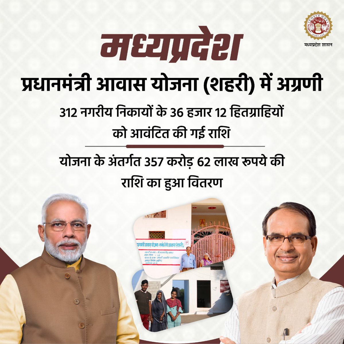 mpurbandeptt's tweet photo. "मध्यप्रदेश" प्रधानमंत्री आवास योजना (शहरी) में अग्रणी
312 नगरीय निकायों के 36 हजार 12 हितग्राहियों को आवंटित की गई राशि
#JansamparkMP
#PMAYMP https://t.co/DA4fG6Uexh