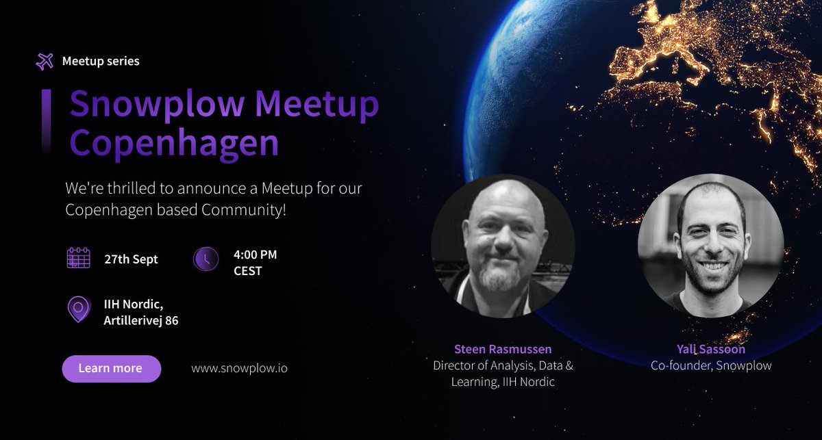 eddiecmay's tweet photo. Announcing that @strasm (Steen Rasmussen) will join @yalisassoon (Yali Sassoon) as speakers at the #Snowplow #Copenhagen #meetup 27/09/2022, 16:00 CEST. Register asap => https://t.co/5d9B6aKqIK as places are limited #OpenSource #DataCreation #DataAnalytics #DataMorgana 😉 https://t.co/ojBZQwtsbL