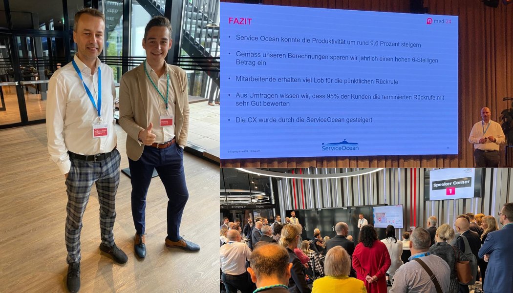 Ein voller Erfolg und ein weiterer Schritt in die neue Servicewelt! 🚀
Adrian Schweizer von Medi24 berichtet, wie die virtuelle Arztpraxis die Wartezeiten abschafft. 
Dr. Alexander Schagen spricht über Termin-Rückrufe für Warteschleifen. Fokus: Erreichbarkeit &amp; Kostensenkung. 💡