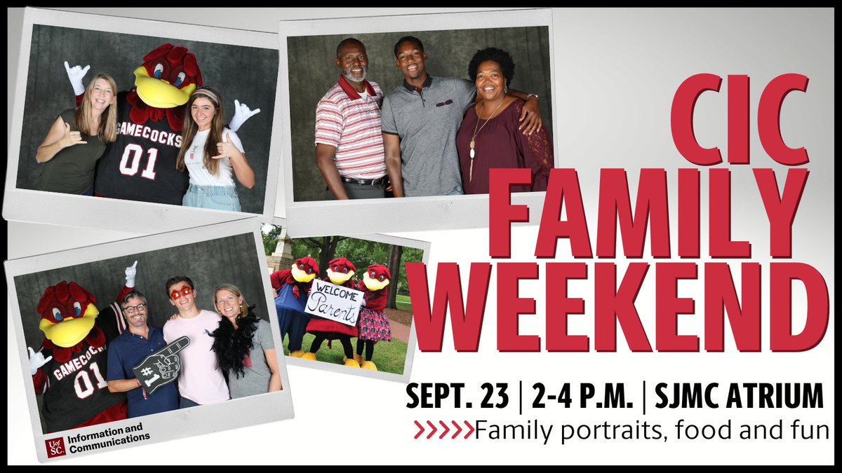 CIC family and friends, join us for our Family Weekend event next Friday, Sept. 23! This event will end with a 4 p.m. newscast by our <a href="/UofSC_SJMC/">USC J-school</a> senior semester students. See you soon! 🎉