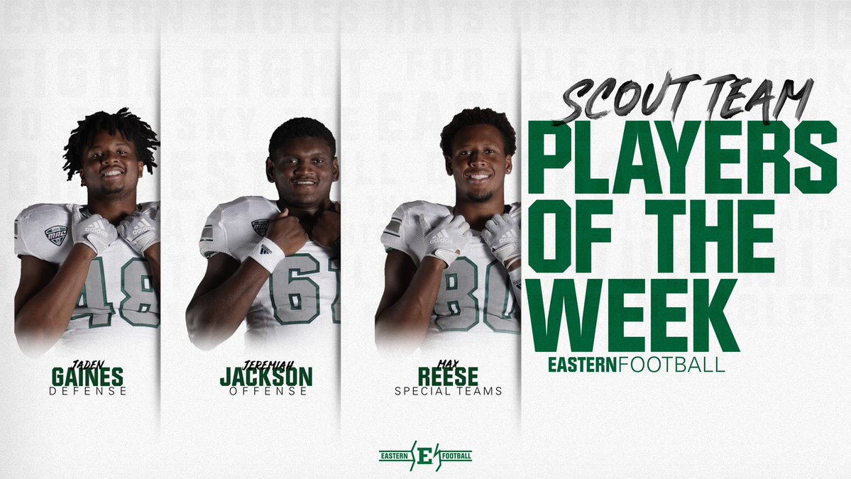 EMUFB's tweet photo. Week 3 vs ASU Scout Team Players of the Week are...

Defense: @JadenGaines6 
 
 Offense: @JeremiahAntron 
 
Special Teams: @MaxReese10 
 
 #ETOUGH ⛓ #BeatASU https://t.co/NbyWTWdCTc