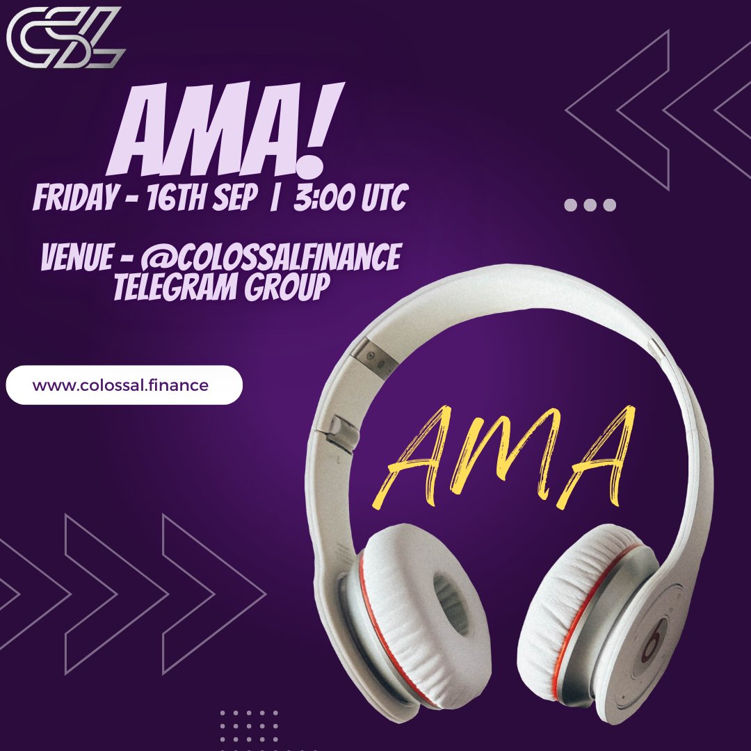 ColossalFinance's tweet photo. We will be arranging a AMA today in @ColossalFinance Support Group.

Time: 3:00 PM (UTC) 

You all are invited to join it through this link🔗https://t.co/QyqLfTtZ8w

#Colossal_Finance #CSL #Metaverse #Crypto #AMA https://t.co/aJmQlzCFFM