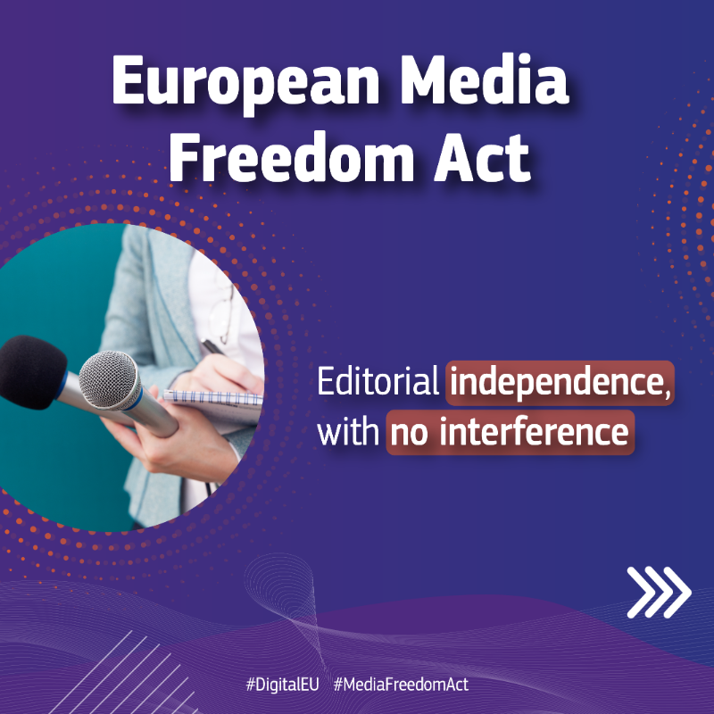 EU_Commission's tweet photo. Media freedom is not a given🚫

We are taking action to protect media pluralism and independence.

The European #MediaFreedomAct will:

☑️ protect editorial freedom
☑️ prohibit spyware
☑️ ensure the independence of public service media and fair funding
☑️ and more

👇Learn more