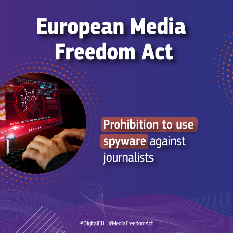 EU_Commission's tweet photo. Media freedom is not a given🚫

We are taking action to protect media pluralism and independence.

The European #MediaFreedomAct will:

☑️ protect editorial freedom
☑️ prohibit spyware
☑️ ensure the independence of public service media and fair funding
☑️ and more

👇Learn more