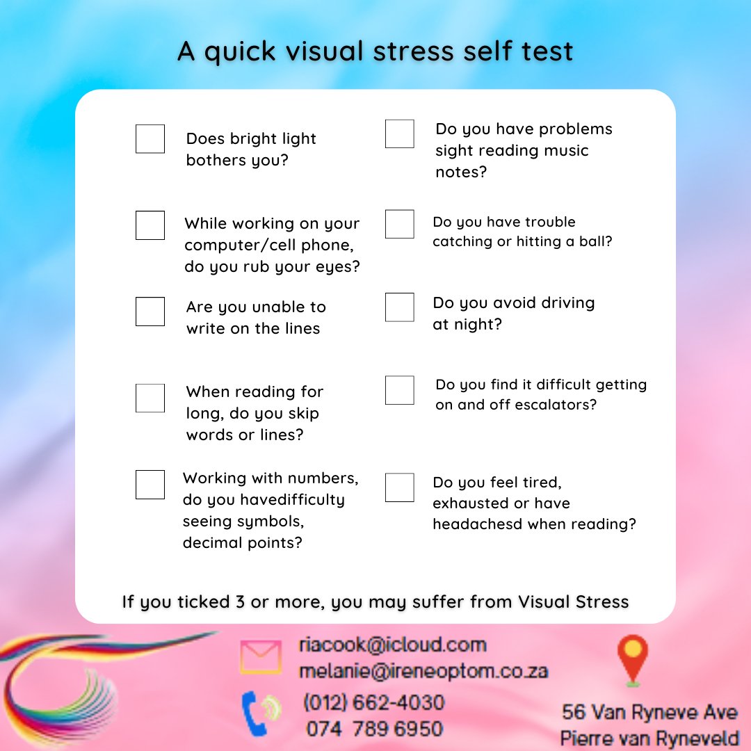 visual_stress's tweet photo. If you ticked 3 or more, you may suffer from Visual Stress.
Contact the Visual Stress Centre on this link 👇🏻 
https://t.co/AAnVw8ez1f to book your non-invasive assessment.

#visualstress #visualstresssyndrome #noninvasive #perceptualdistortions #visualdiscomfort #visualscreening https://t.co/P3BdGUcVCQ