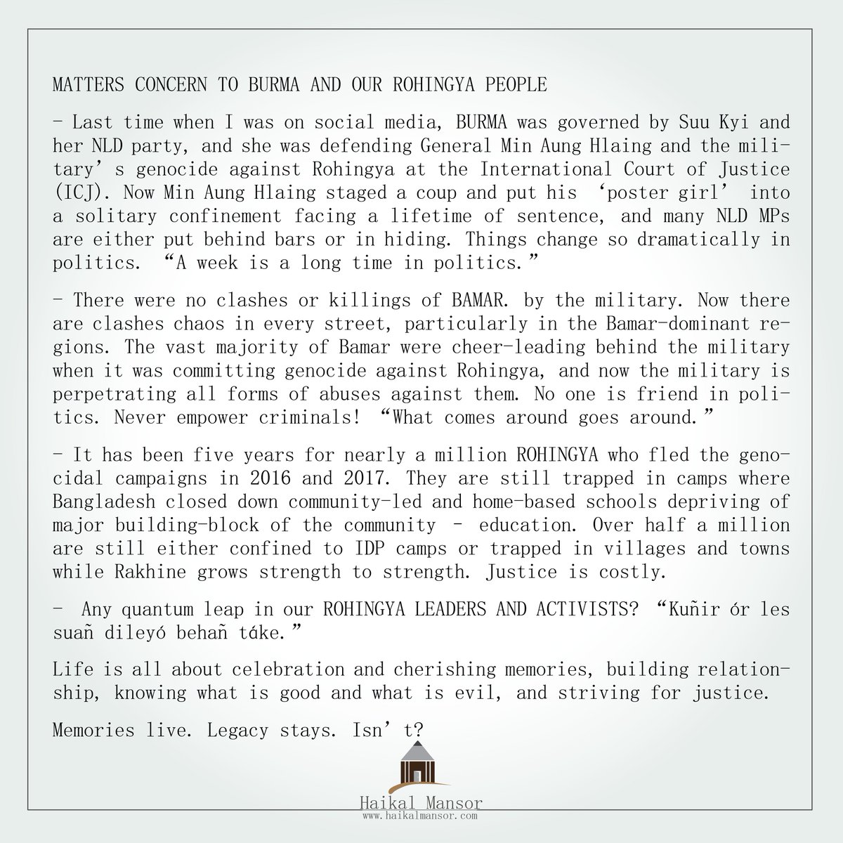 My first social media post in Two Years, Two Months

In the long hiatus, the world seems a different place and yet it feels the same. There is so much loss, and yet so much gain.

Here are a few things... 

#Rohingya #Myanmar #Covid #mRNA #Ukraine #JWST #ClimateChange #Monarchy