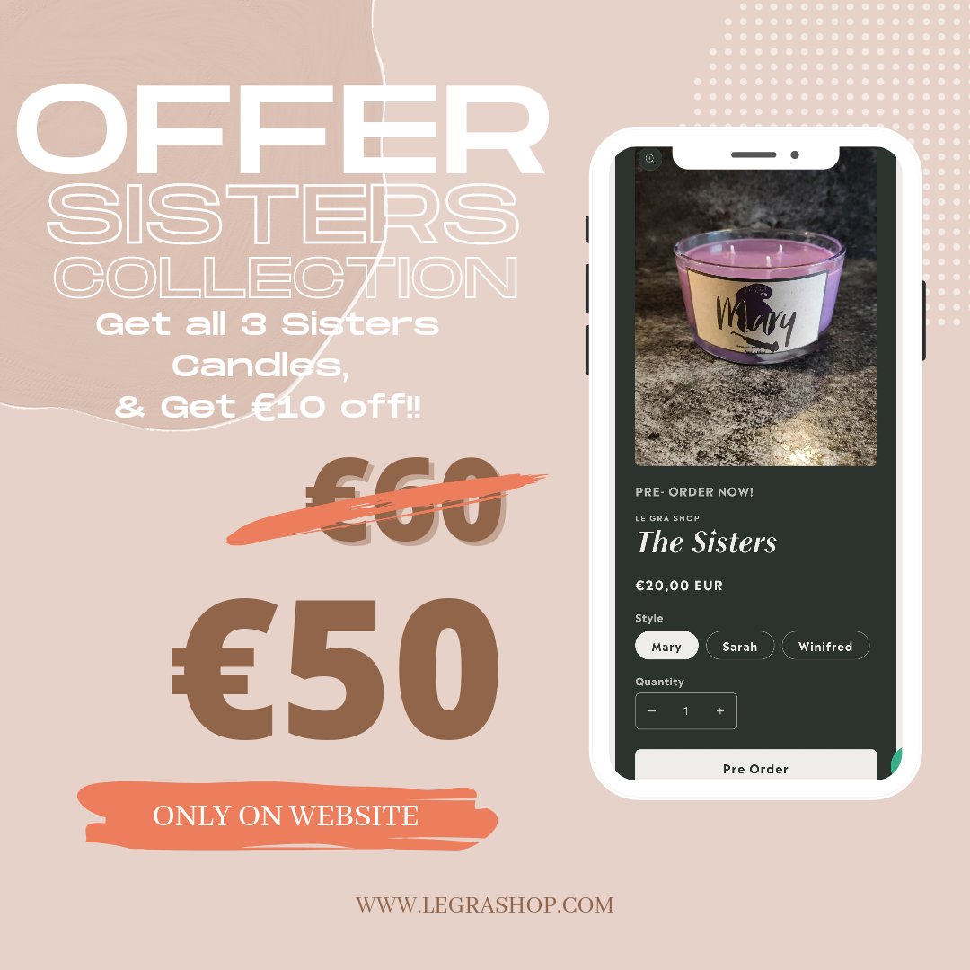 Get the entire Sisters Collection &amp; save €10!! 

Pre-Order yours today! 
Last day for pre-orders until they go on general sale!

legrashop.com/products/the-s…

#smallbusiness #supportsmallbusiness #handmade #shoplocal #shopsmall #hocuspocus #candles