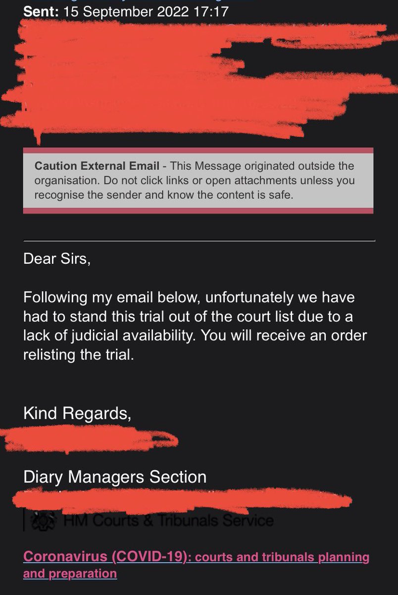 PhilipJGodfrey's tweet photo. Court listing whinge alert!

I get that it’s tough for listing officers atm, but it’s really not on to tell solicitors that a case is pulled after 5pm.

Saying this as a barrister who was just updated while on the train to Court…

#turningaround https://t.co/9zfj19lBN6