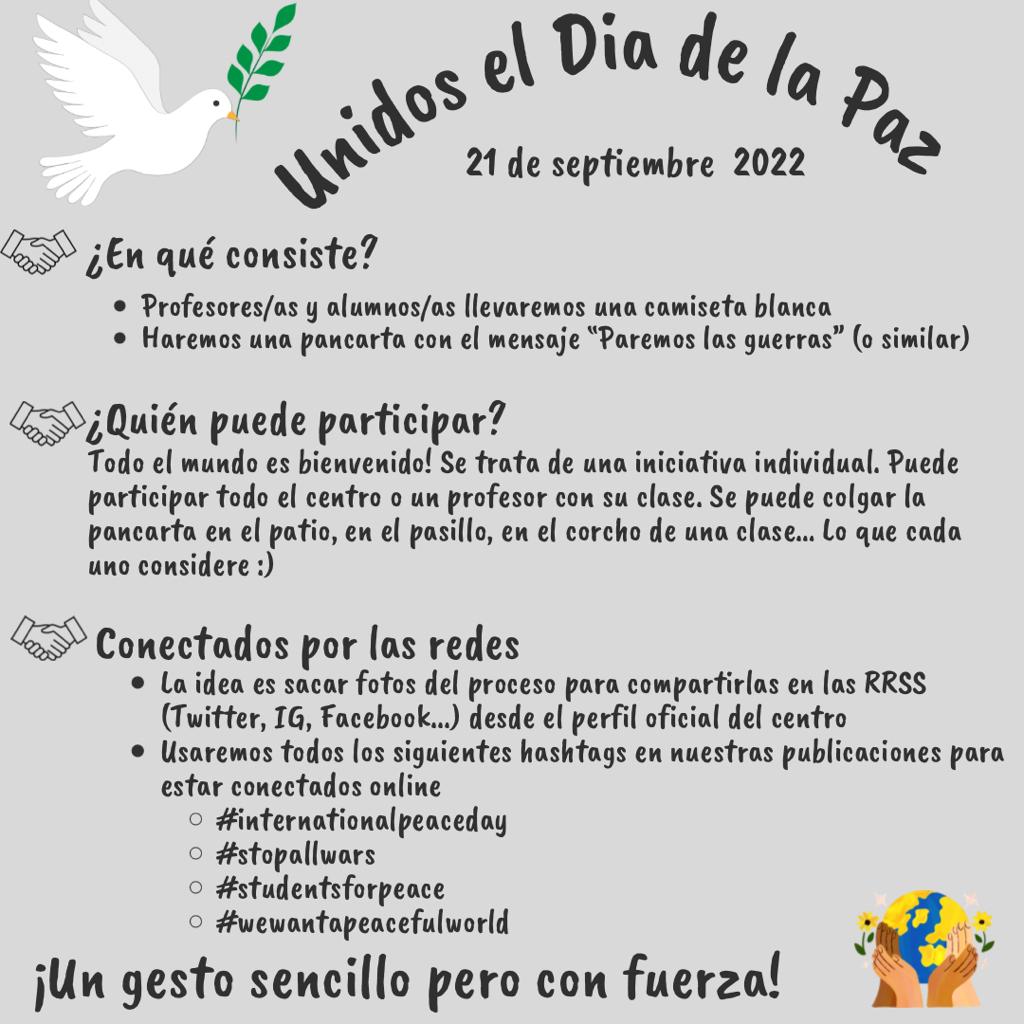 mirasierraies's tweet photo. El próximo miércoles 21 de septiembre celebraremos el #DíaInternacionalDeLaPaz 🕊️.
Llevaremos una camiseta blanca y una pancarta con el mensaje "Paremos las guerras".
Usaremos los hashtags #internationalpeaceday #stopallwars #studentsforpeace #wewantapeacefulworlk
¿Os animáis? https://t.co/HqfKZ7BtNi