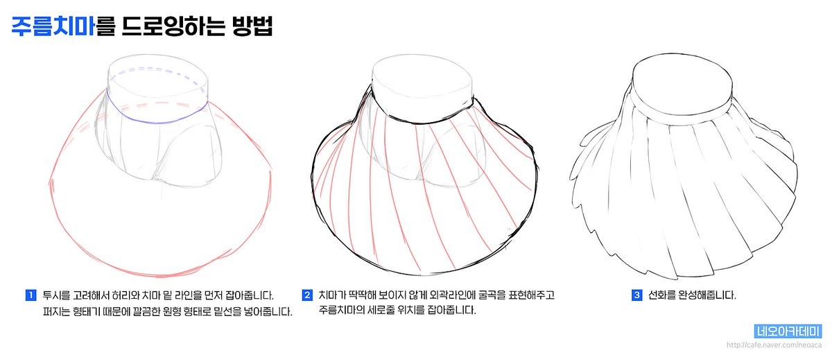 neo_aca's tweet photo. 주름치마 드로잉 팁입니다. 외곽 라인에 굴곡을 표현해 주어 치마가 딱딱해 보이지 않게 그려줍니다. https://t.co/X22Ny4DpjF