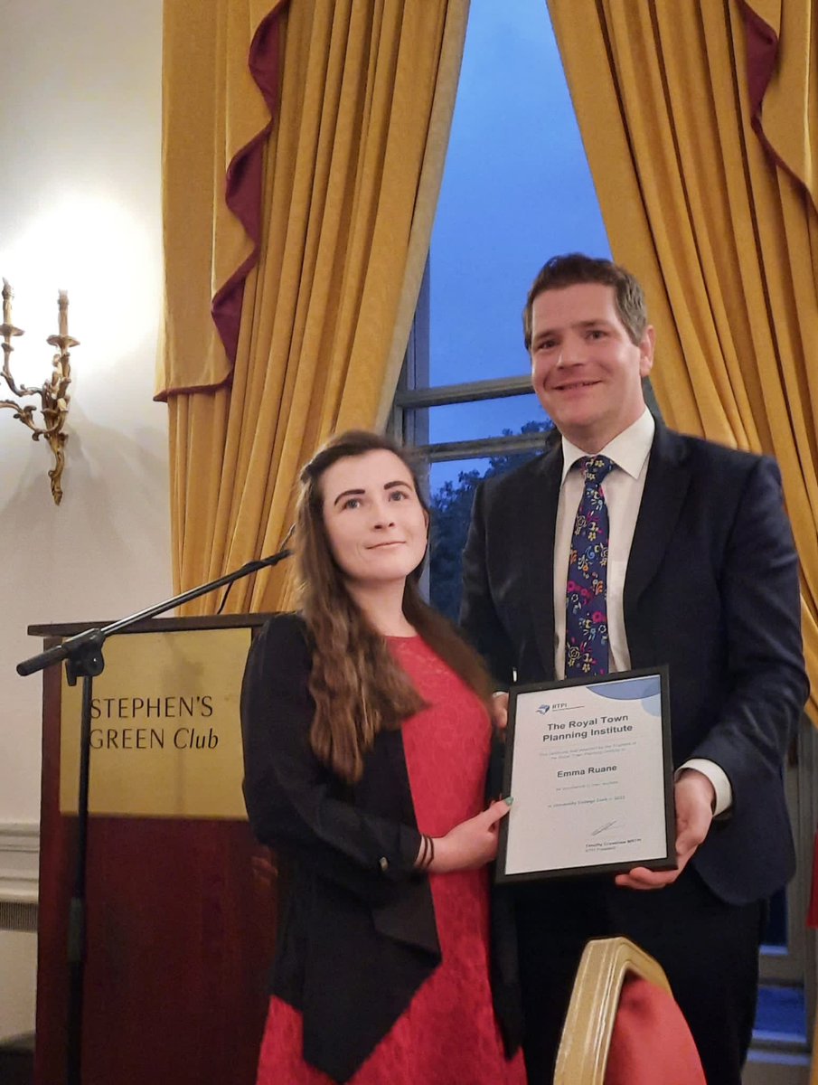 PlanningUCC's tweet photo. Congrats to Emma Ruane, the 2022 UCC recipient of the annual @RTPIIreland student award, presented by Minister of State for Local Government and Planning Peter Burke. #ProudofPlanning https://t.co/e9TvZL1Chg