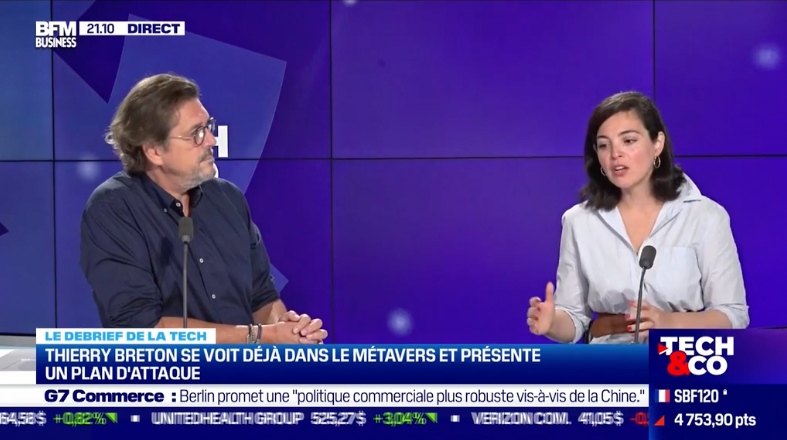 faure_t's tweet photo. Débat passionnant entre @JeromeColombain et @AsmaMhalla au sujet des annonces Cloud, Thierry Breton et du Metavers dans @techandco. 

Et ce n'est PAS bullshit. 

https://t.co/5Bhwrm75t7 https://t.co/oGuB5l334F