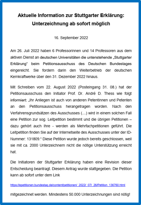 AndreThess's tweet photo. Eilmeldung: 

Stuttgarter Erklärung zum Weiterbetrieb der deutschen Kernkraftwerke auf den Seiten des Petitionsausschusses des Bundestages online. Mitzeichnen ab sofort hier: 
https://t.co/Csm7VYfz0K
Für Anhörung mindestens 50.000 Unterschriften innerhalb von 4 Wochen nötig. https://t.co/QfgrOBfL1K
