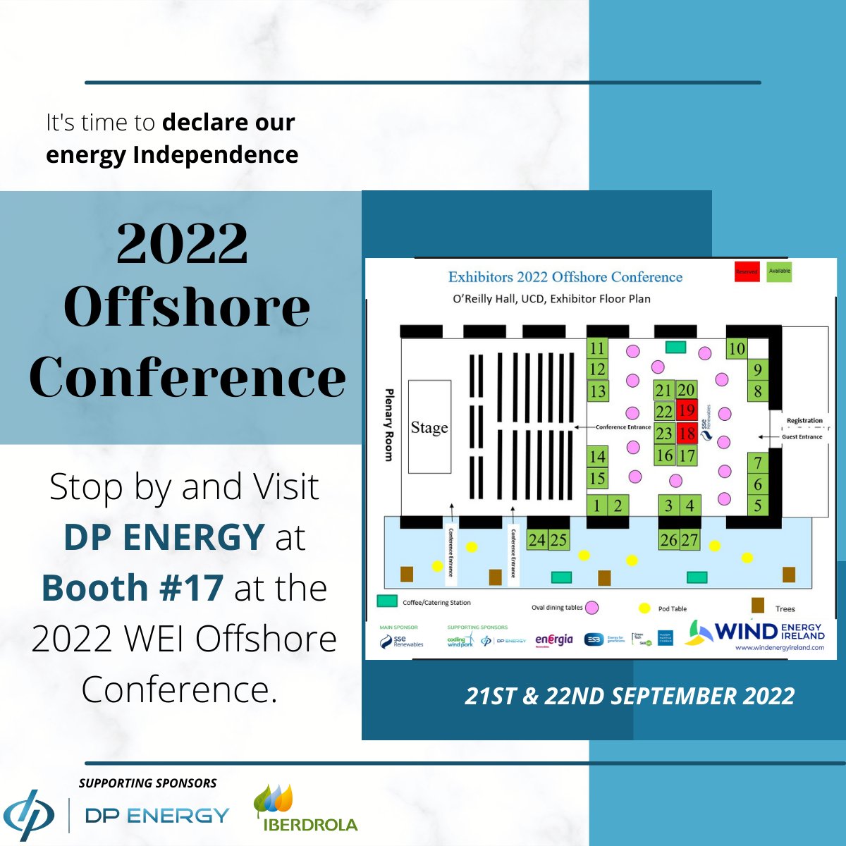 We are excited to be part of #WEIOFF22 on 21st &amp; 22nd September in O'Reilly Hall, UCD Dublin. Come find us at Stand 17 - we look forward to meeting up with you. 

Details below of the event. 🤝🏼
lnkd.in/g8wbjg6C

#DPEnergyGroup #OffshoreWind #RenewableEnergy